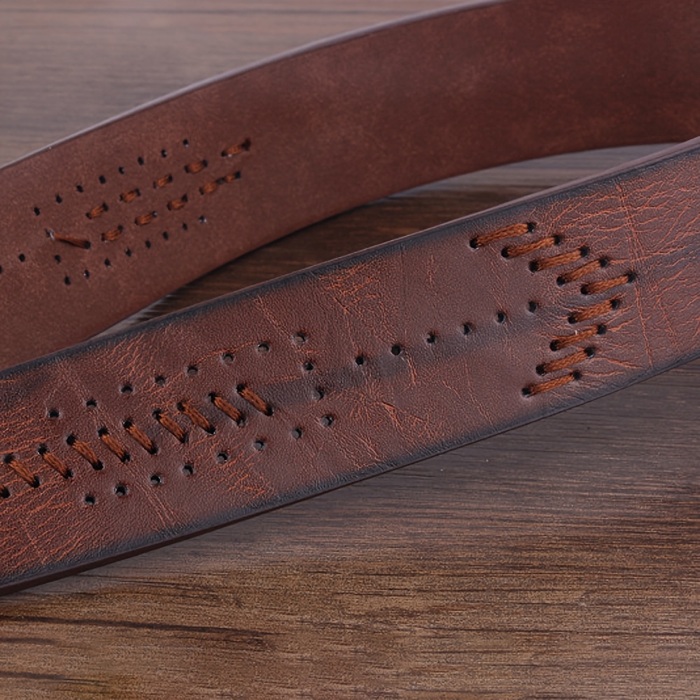 Men's Vintage Brown Faux Leather Belt with Metallic Buckle